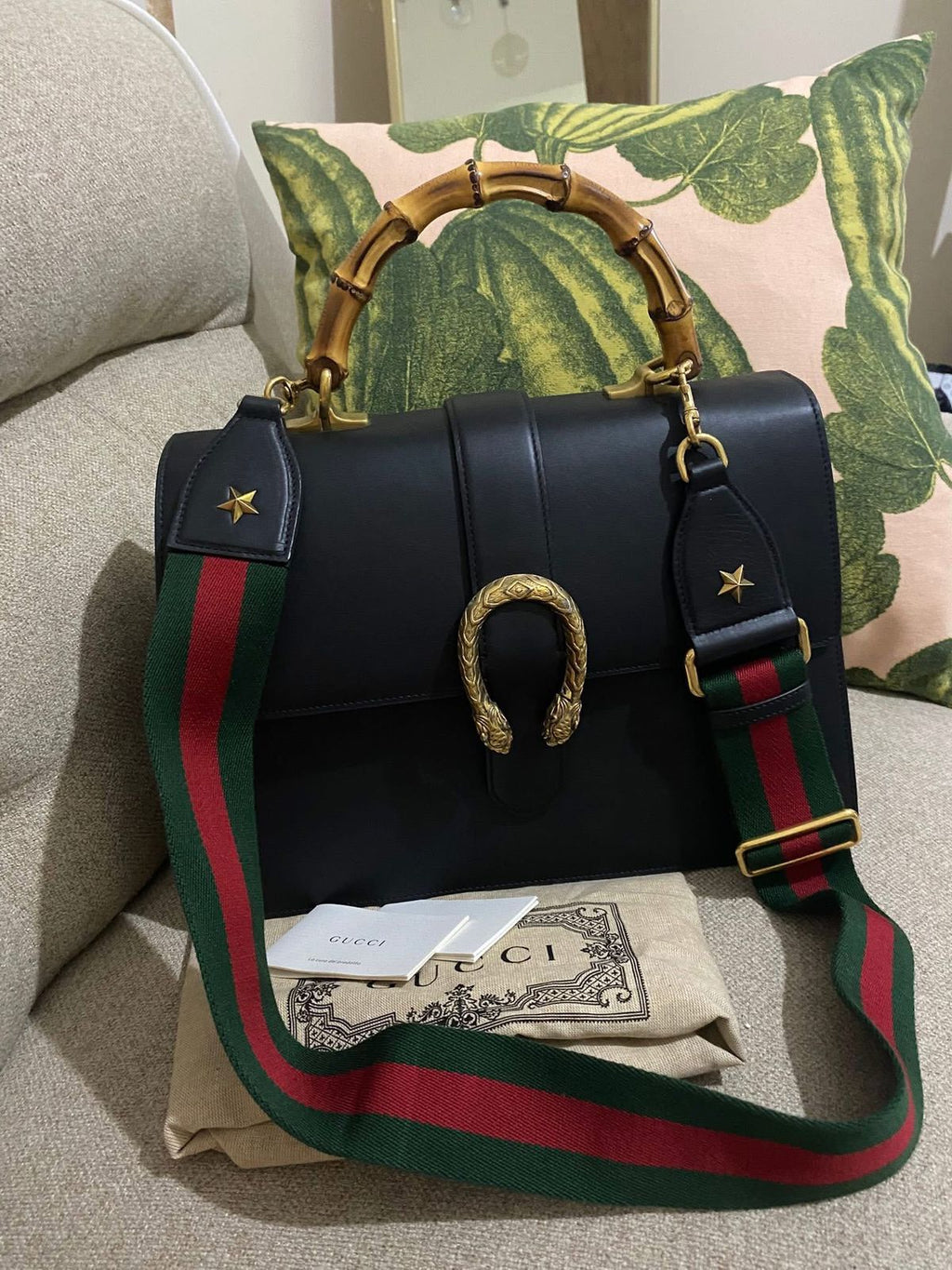 GUCCI Black Leather Large Dionysus Bamboo Top Handle