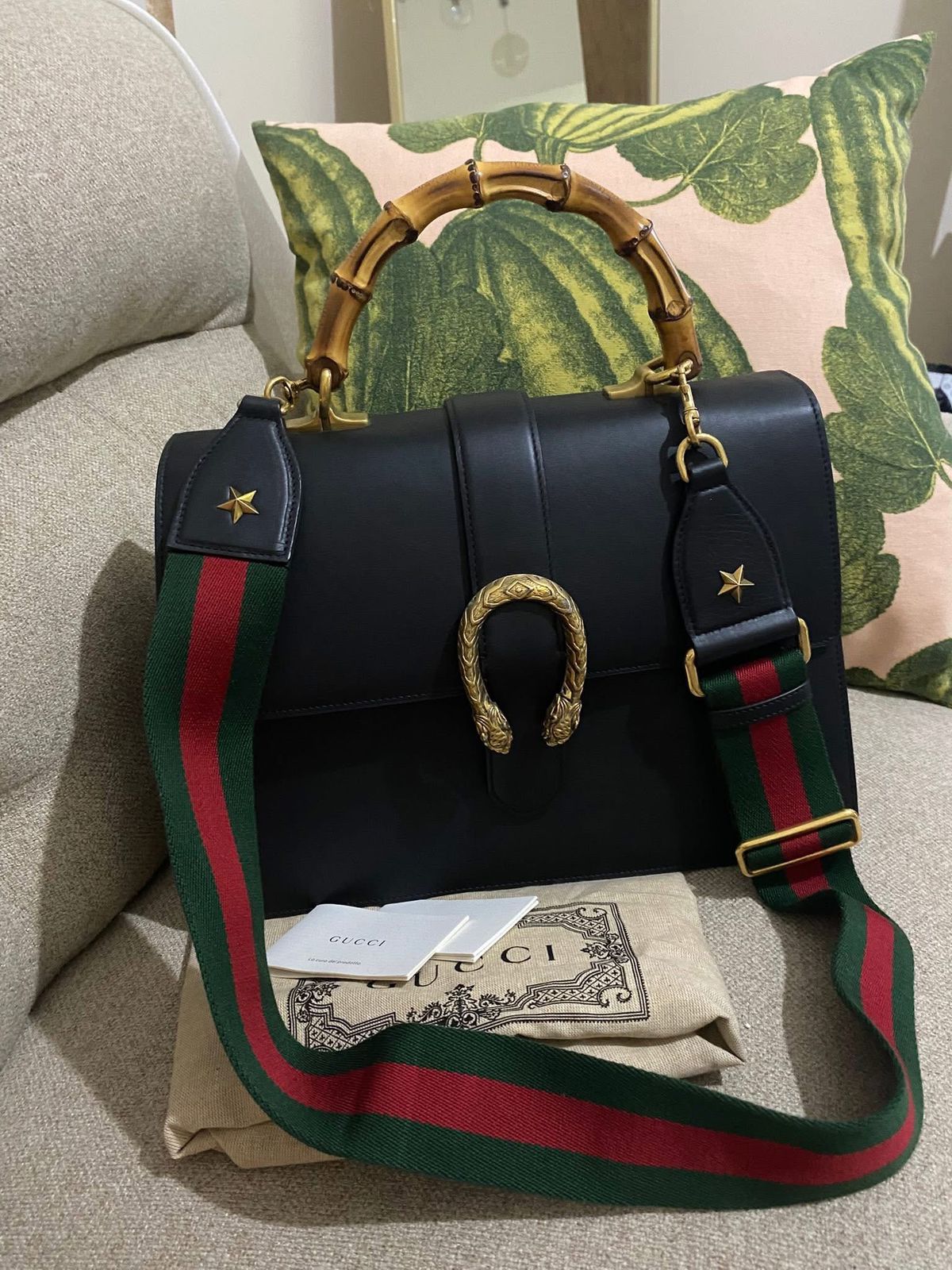 GUCCI Black Leather Large Dionysus Bamboo Top Handle