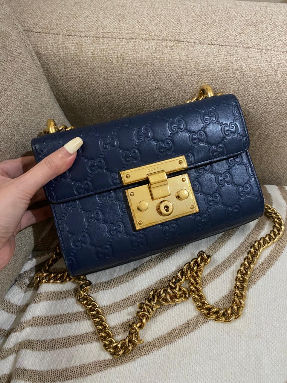 GUCCI Blue Guccisima Leather Small Padlock Shoulder Bag