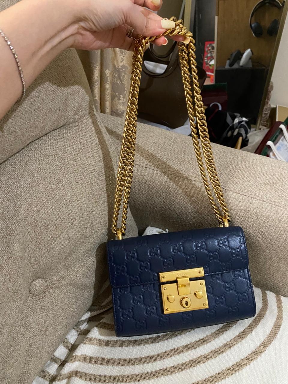 GUCCI Blue Guccisima Leather Small Padlock Shoulder Bag