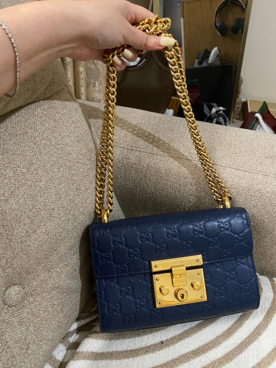GUCCI Blue Guccisima Leather Small Padlock Shoulder Bag