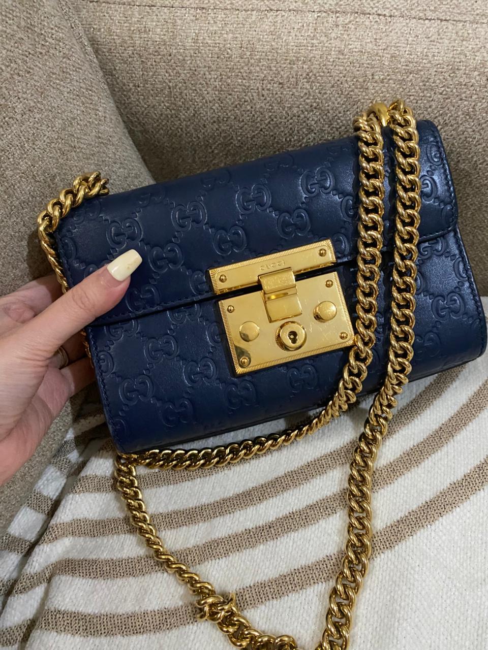 GUCCI Blue Guccisima Leather Small Padlock Shoulder Bag