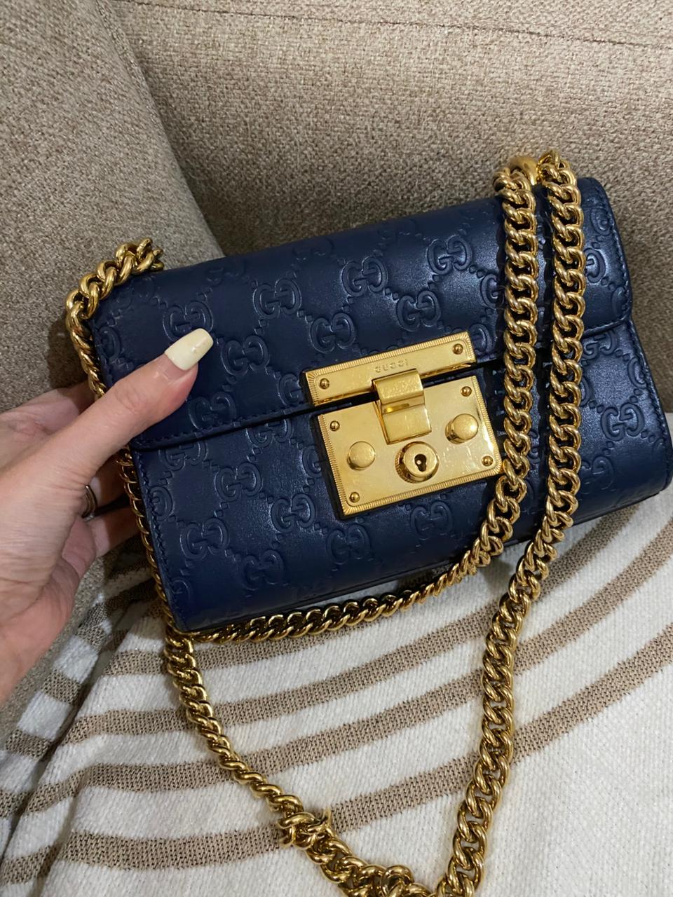 GUCCI Blue Guccisima Leather Small Padlock Shoulder Bag