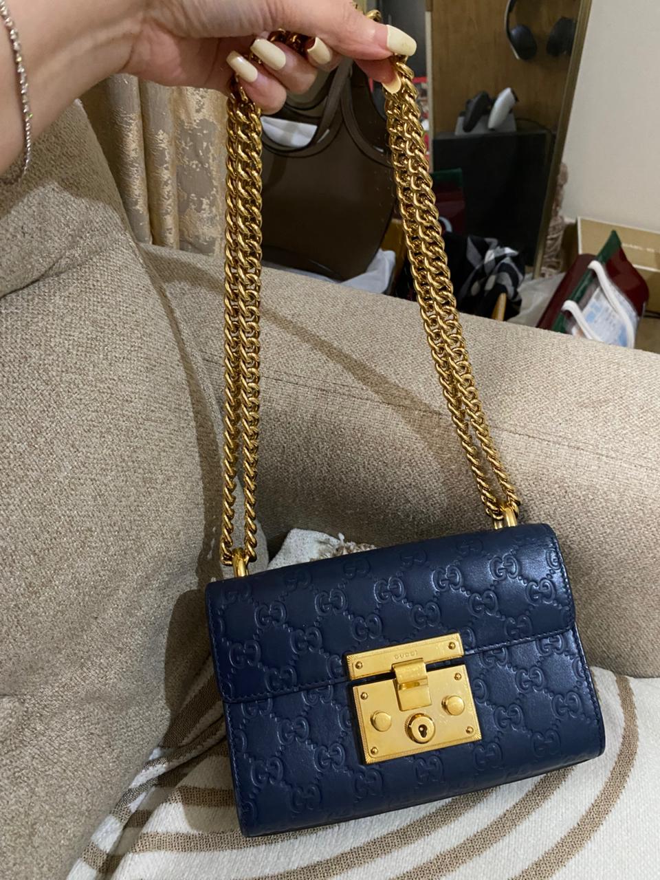 GUCCI Blue Guccisima Leather Small Padlock Shoulder Bag