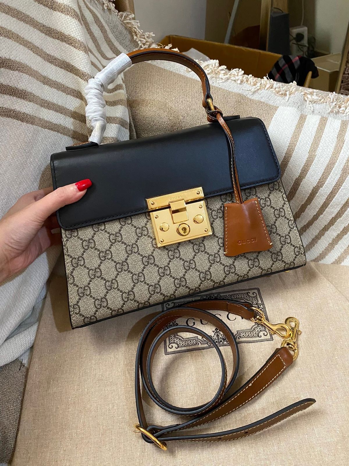 Gucci Tricolor GG Supreme Canvas and Leather Medium Padlock Top Handle Bag