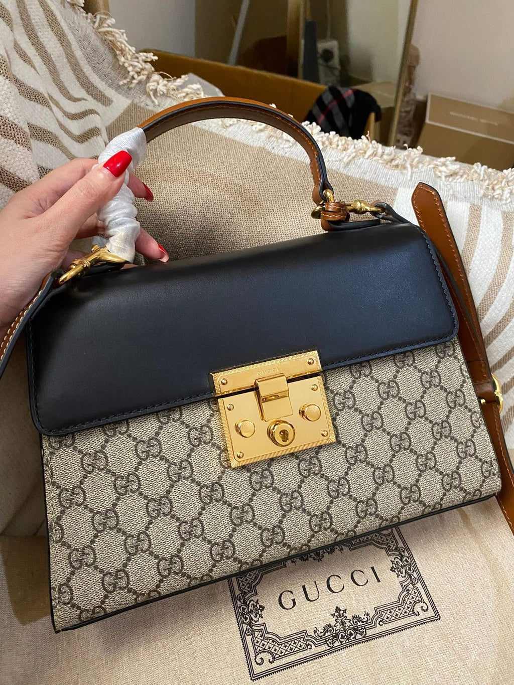 Gucci Tricolor GG Supreme Canvas and Leather Medium Padlock Top Handle Bag