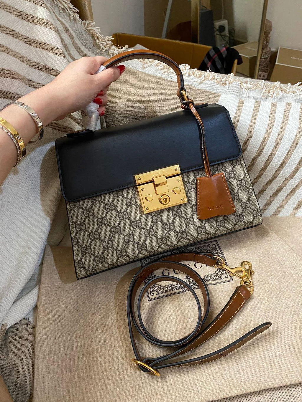 Gucci Tricolor GG Supreme Canvas and Leather Medium Padlock Top Handle Bag