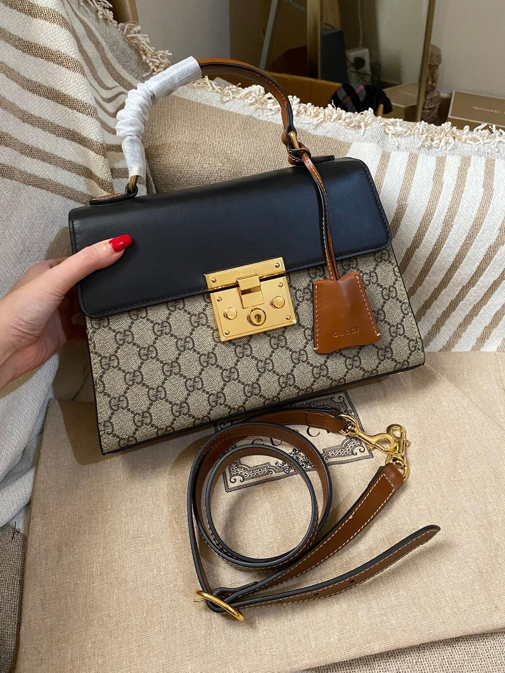 Gucci Tricolor GG Supreme Canvas and Leather Medium Padlock Top Handle Bag