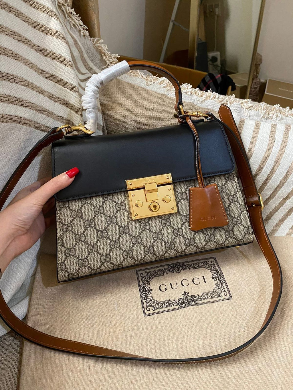 Gucci Tricolor GG Supreme Canvas and Leather Medium Padlock Top Handle Bag