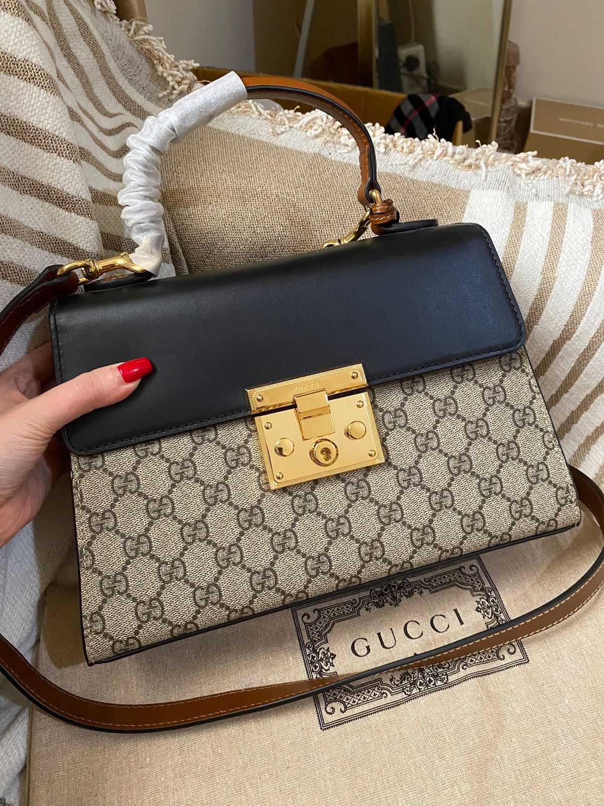 Gucci Tricolor GG Supreme Canvas and Leather Medium Padlock Top Handle Bag