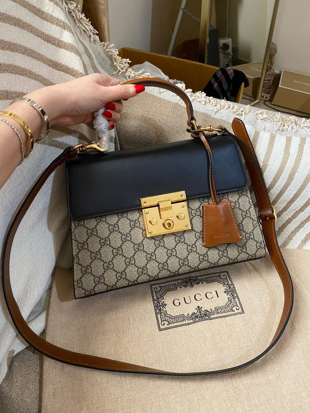 Gucci Tricolor GG Supreme Canvas and Leather Medium Padlock Top Handle Bag