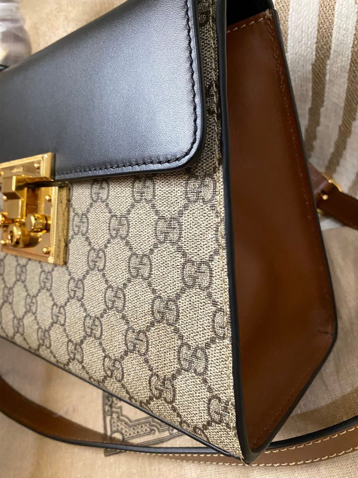 Gucci Tricolor GG Supreme Canvas and Leather Medium Padlock Top Handle Bag