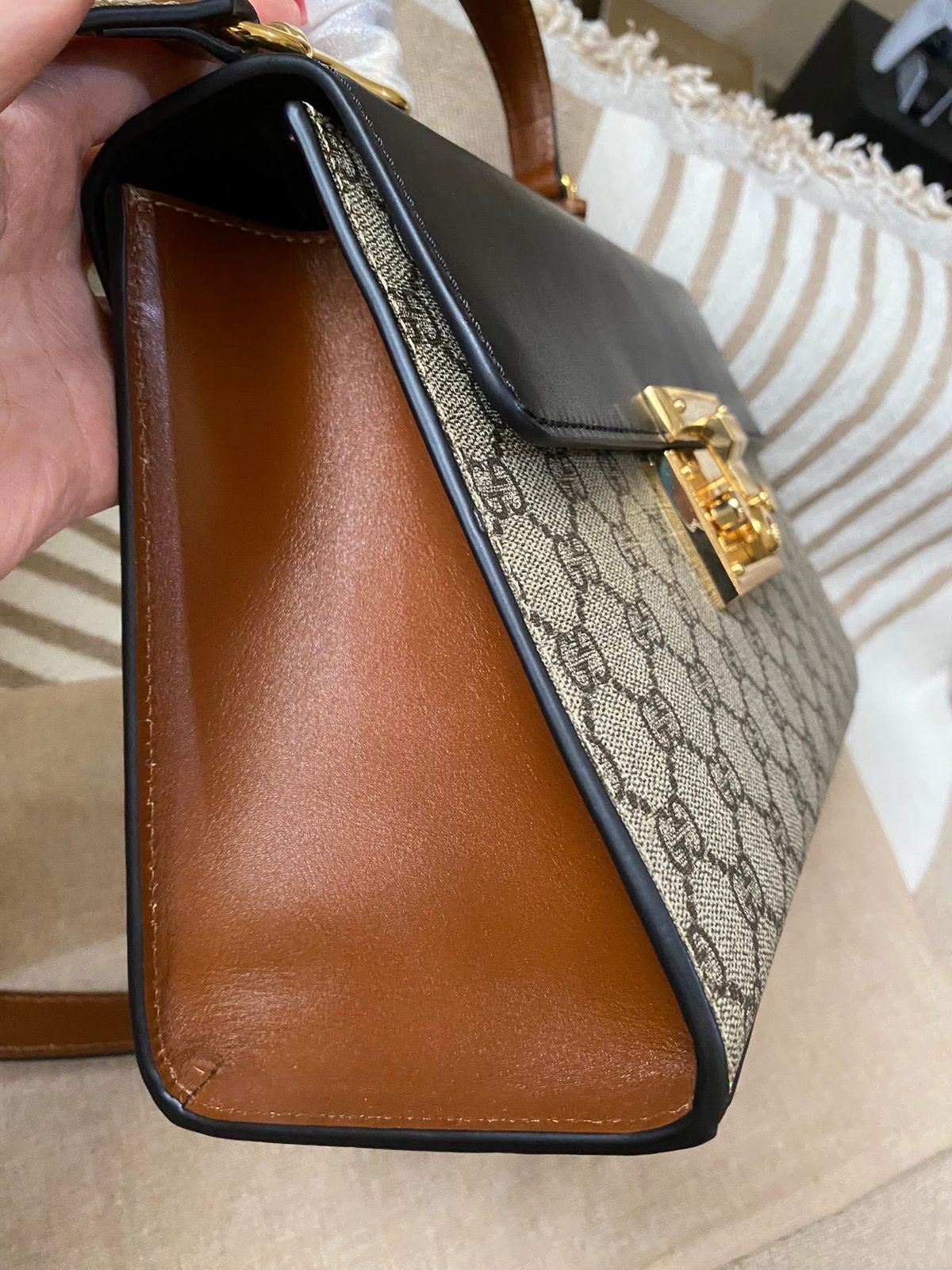 Gucci Tricolor GG Supreme Canvas and Leather Medium Padlock Top Handle Bag