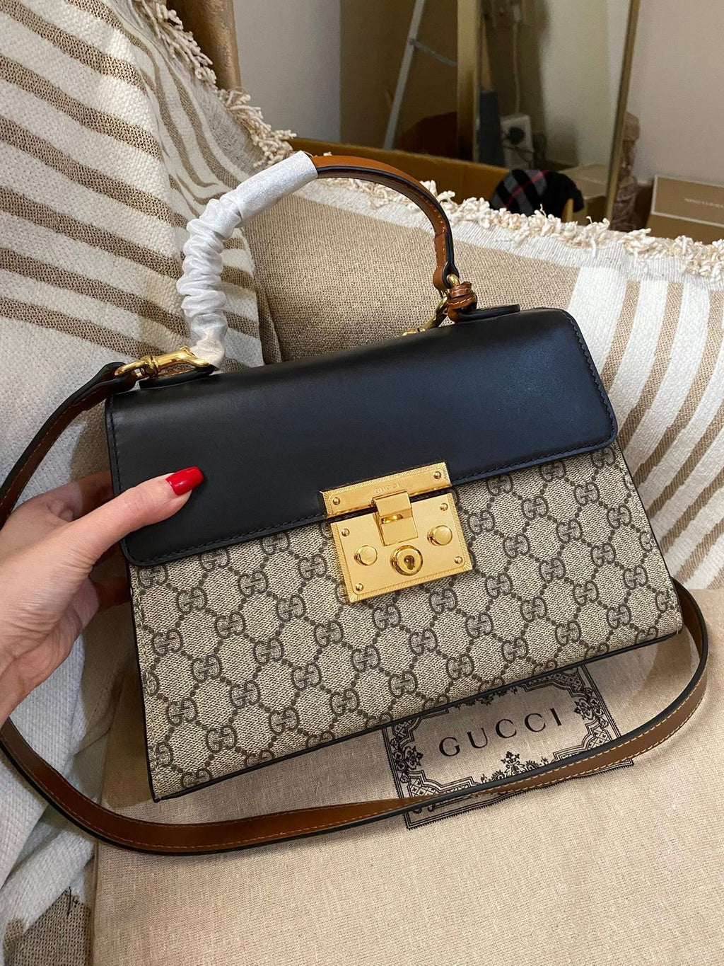 Gucci Tricolor GG Supreme Canvas and Leather Medium Padlock Top Handle Bag