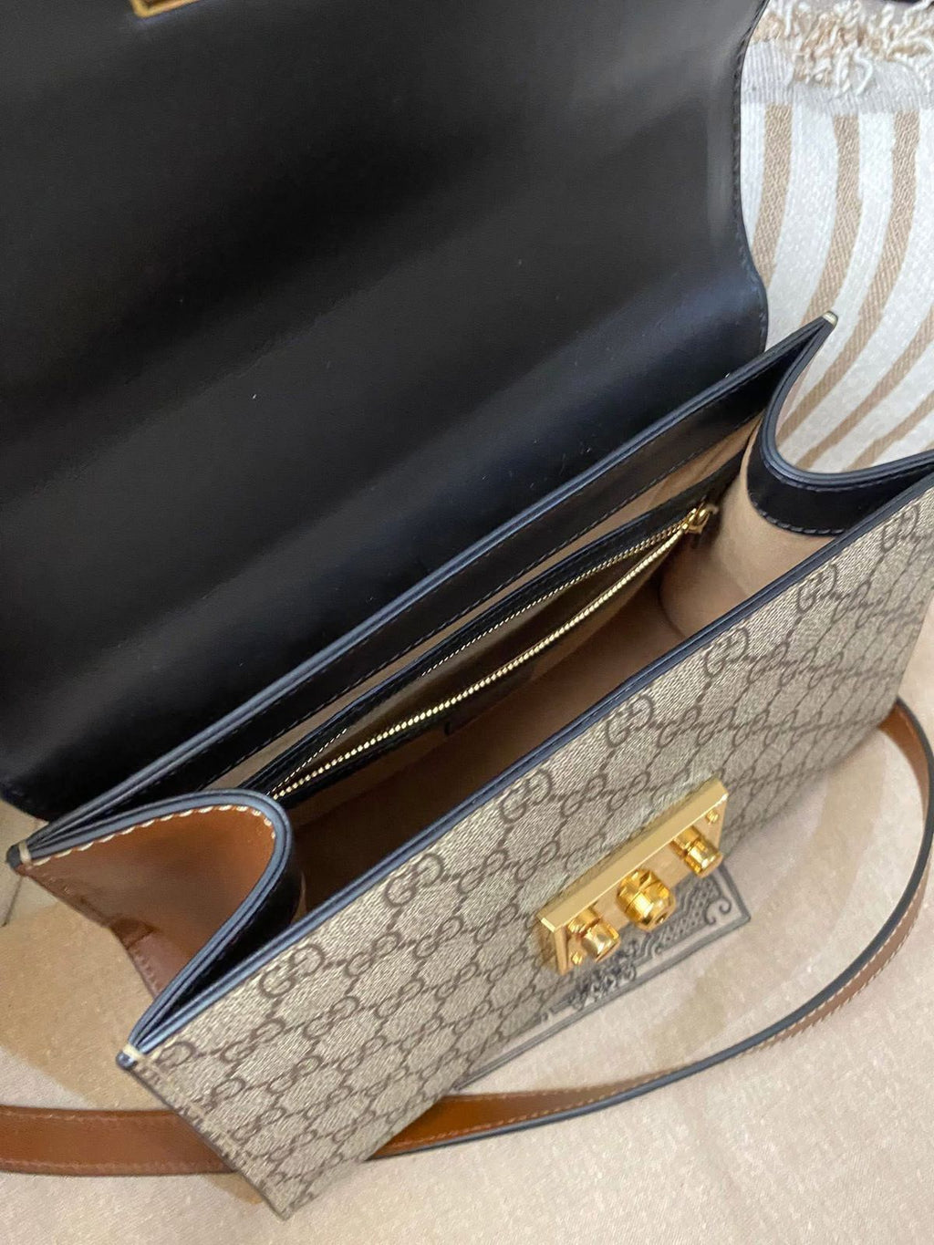 Gucci Tricolor GG Supreme Canvas and Leather Medium Padlock Top Handle Bag