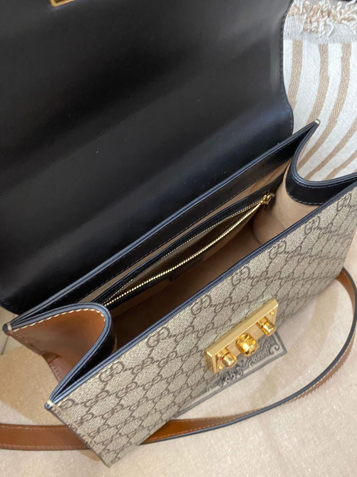 Gucci Tricolor GG Supreme Canvas and Leather Medium Padlock Top Handle Bag