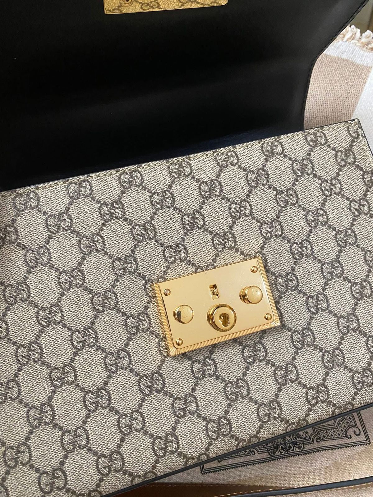 Gucci Tricolor GG Supreme Canvas and Leather Medium Padlock Top Handle Bag