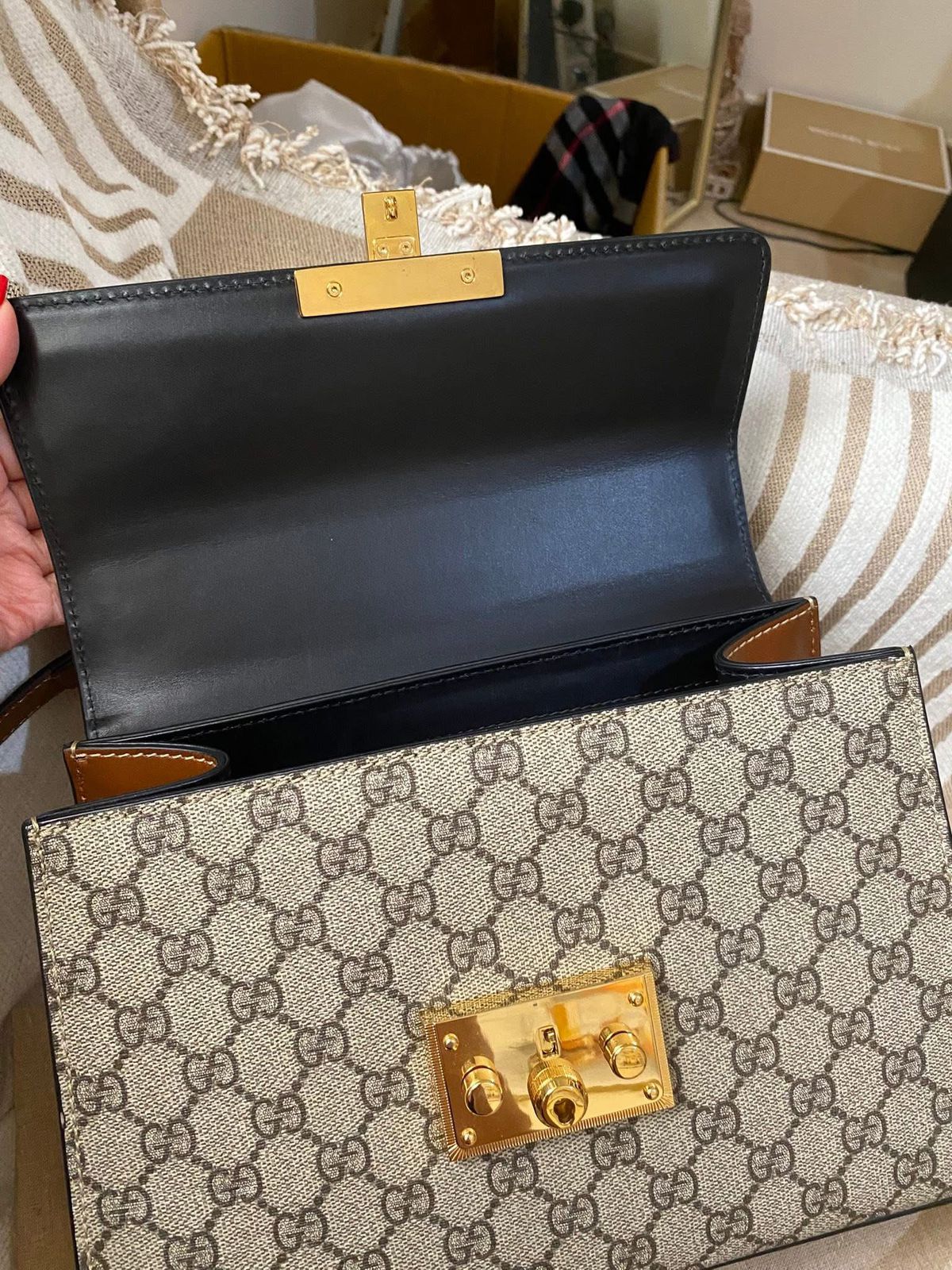 Gucci Tricolor GG Supreme Canvas and Leather Medium Padlock Top Handle Bag