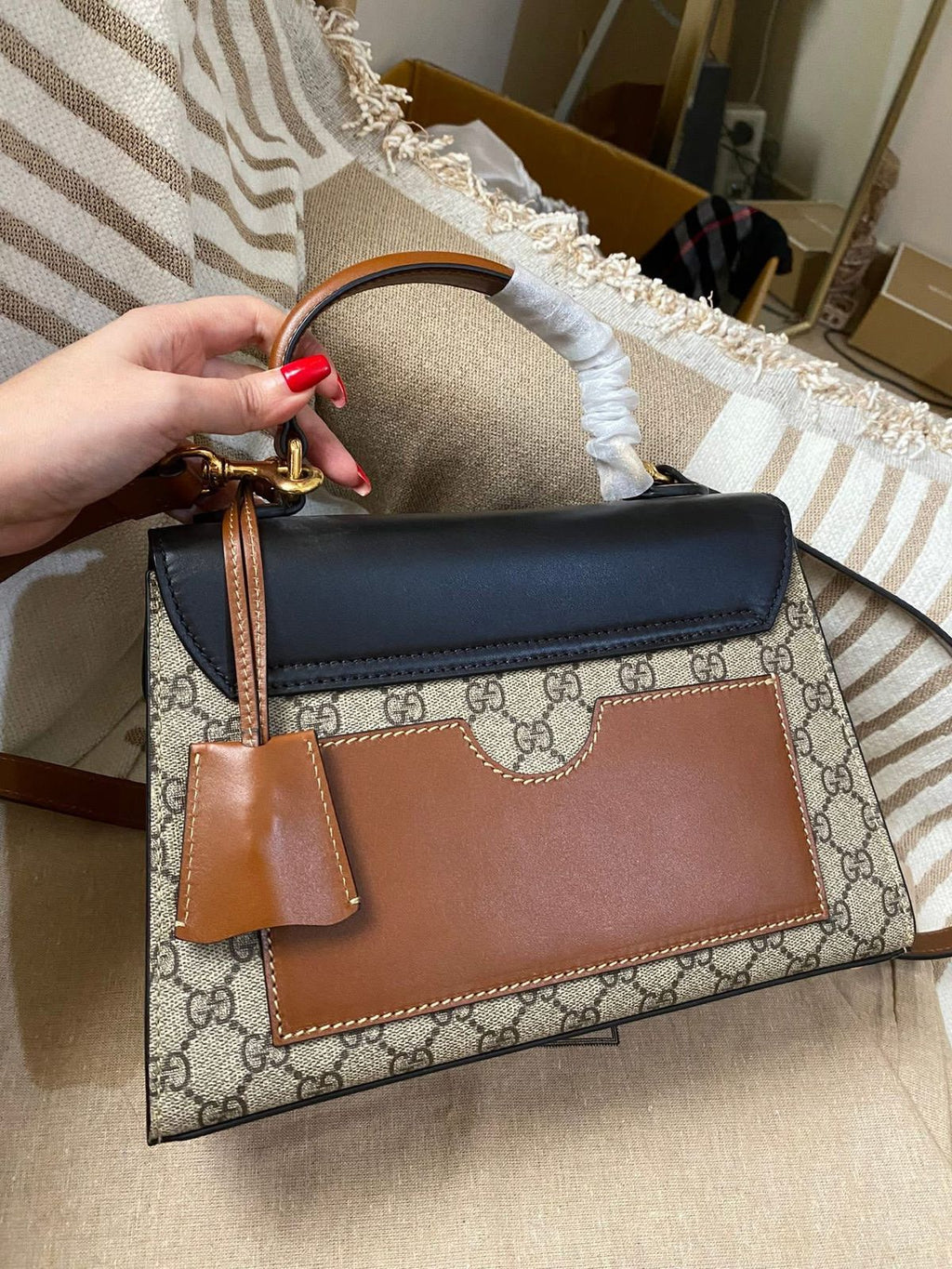 Gucci Tricolor GG Supreme Canvas and Leather Medium Padlock Top Handle Bag