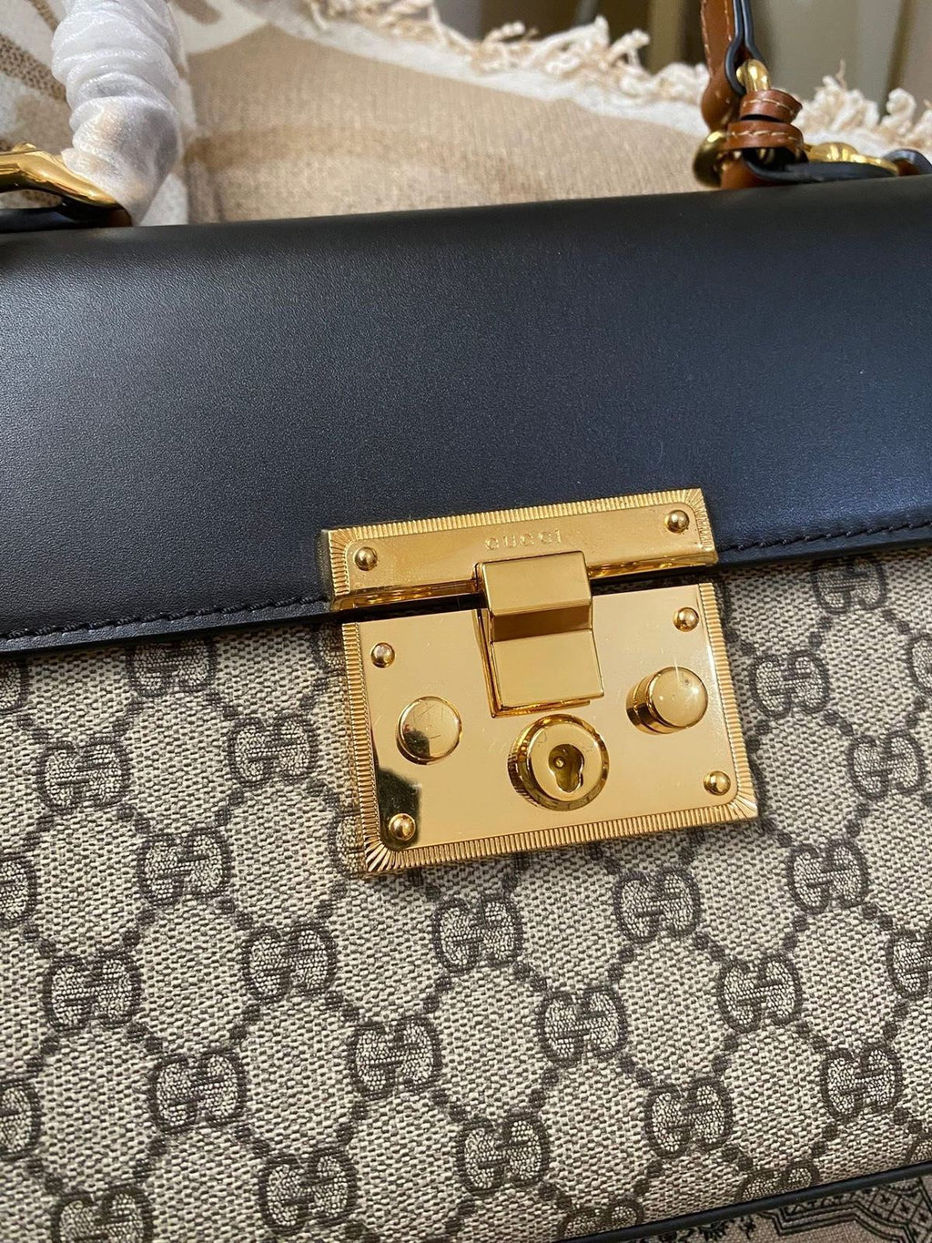 Gucci Tricolor GG Supreme Canvas and Leather Medium Padlock Top Handle Bag