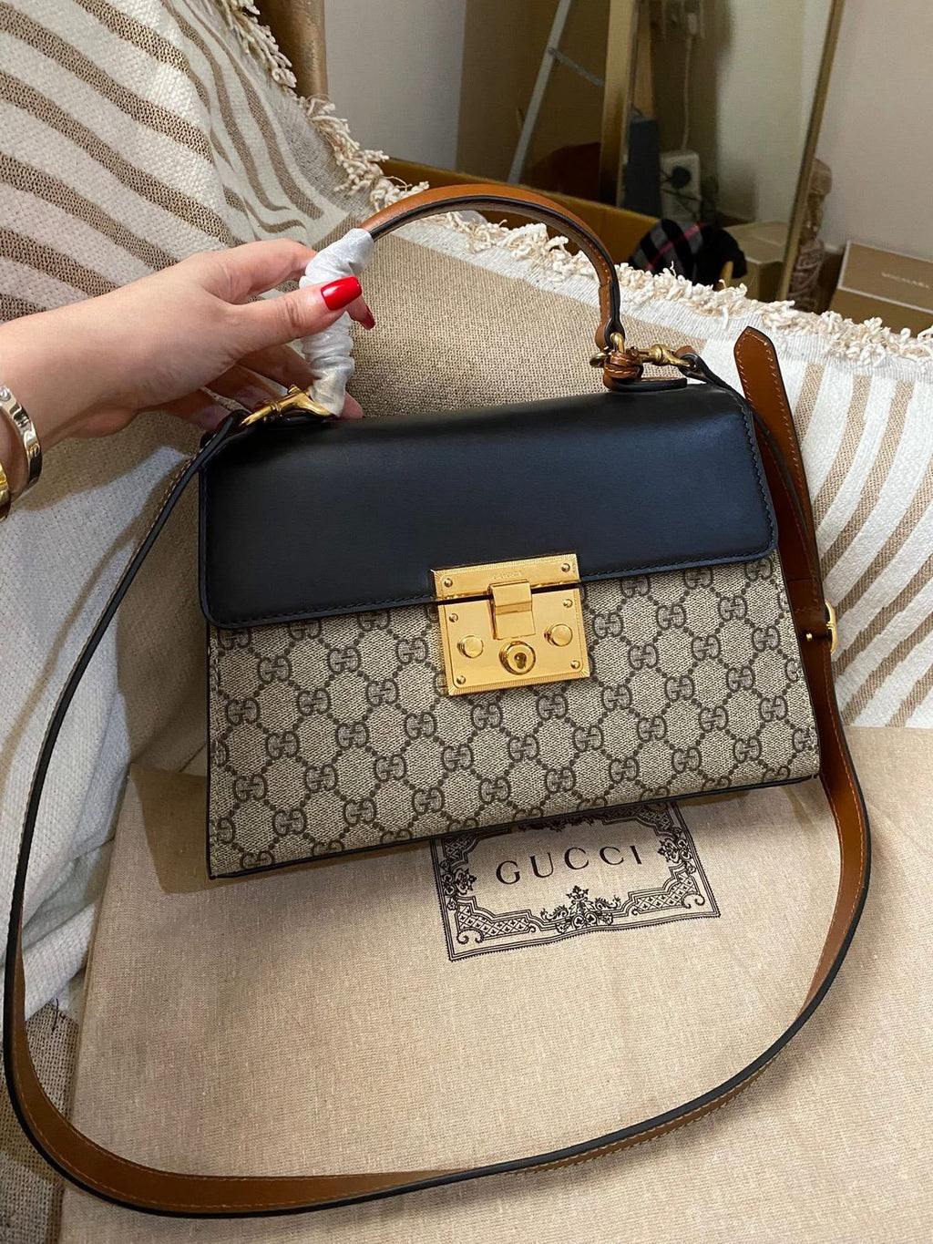 Gucci Tricolor GG Supreme Canvas and Leather Medium Padlock Top Handle Bag