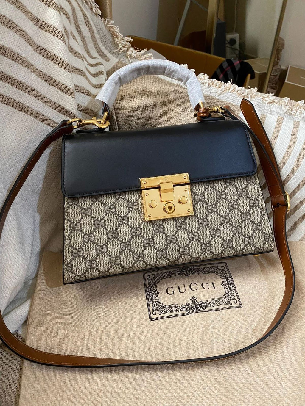 Gucci Tricolor GG Supreme Canvas and Leather Medium Padlock Top Handle Bag