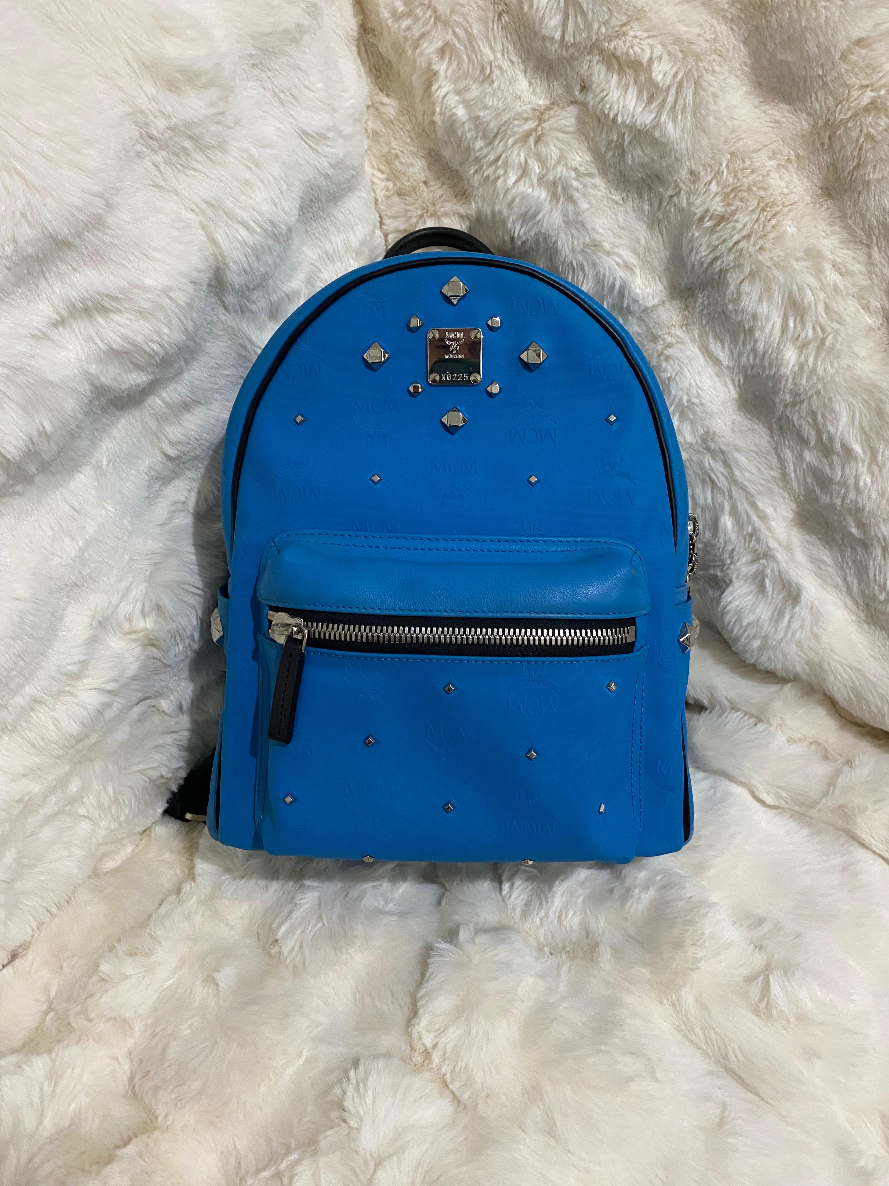 MCM Blue Monogram Studded Backpack