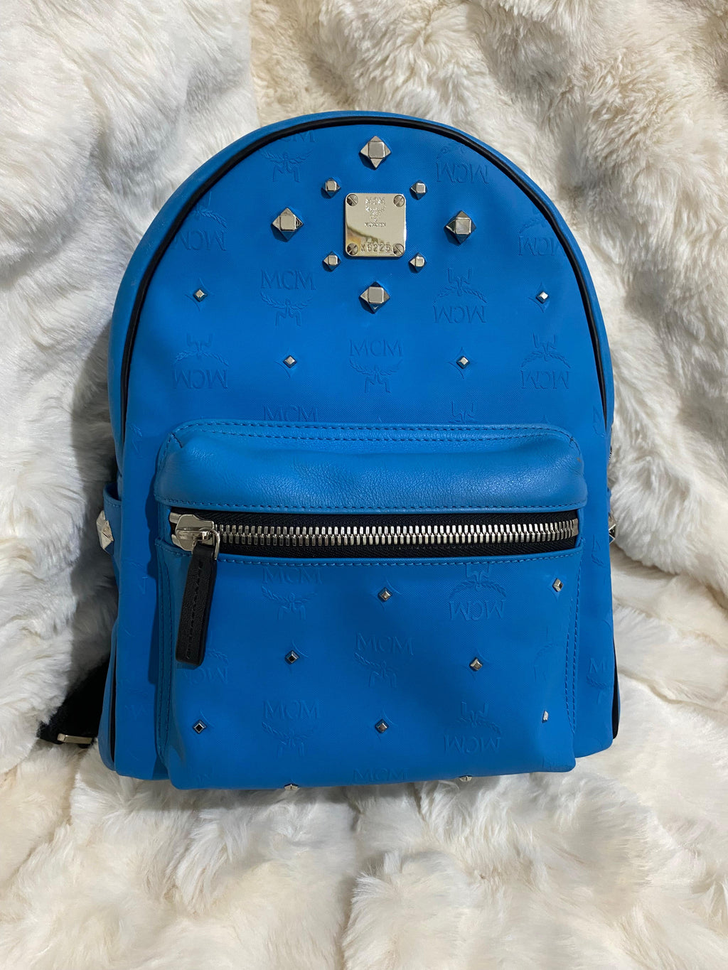 MCM Blue Monogram Studded Backpack