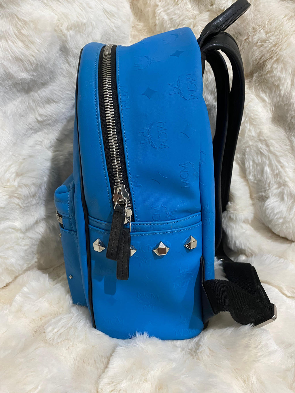 MCM Blue Monogram Studded Backpack