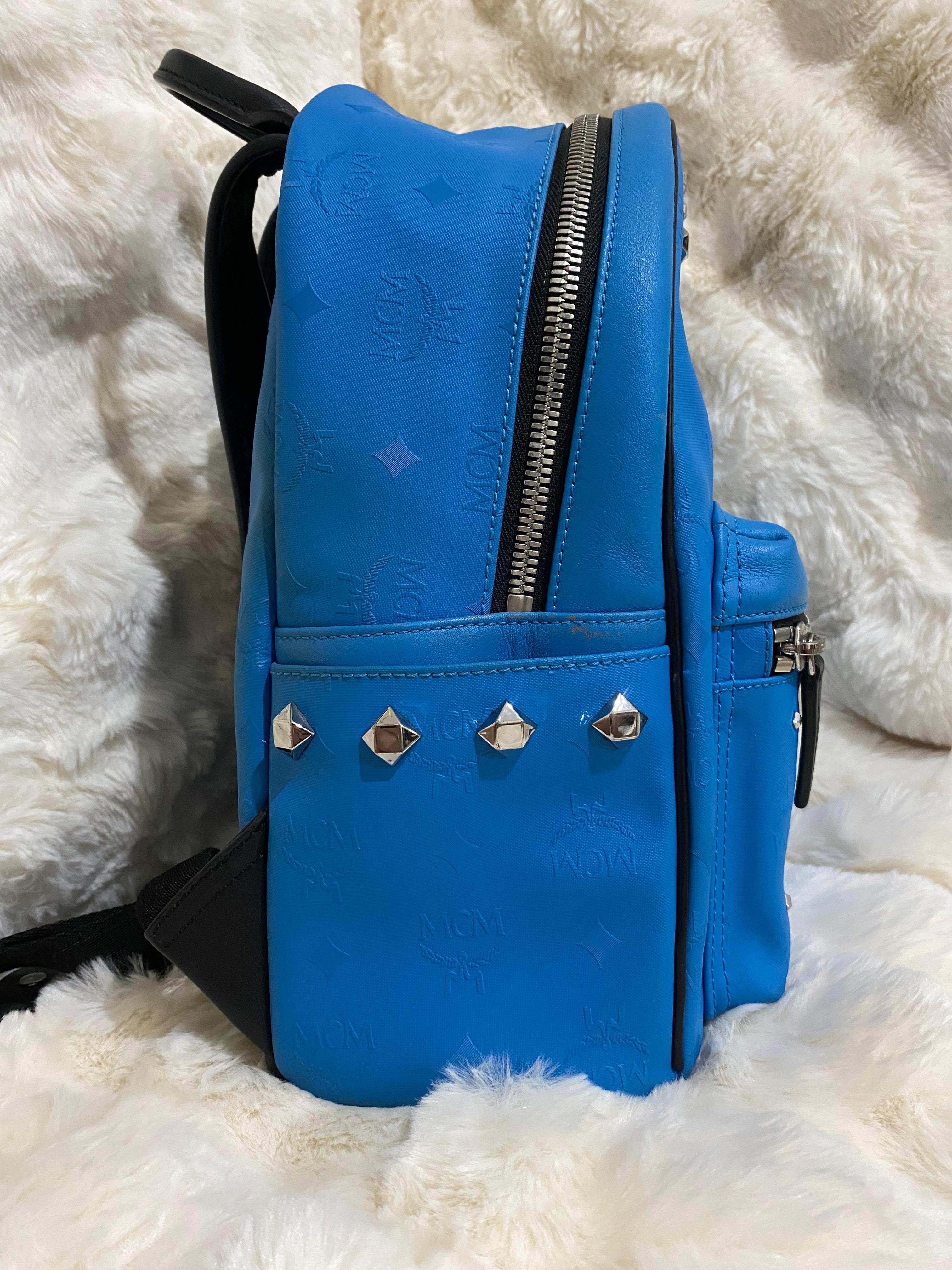 MCM Blue Monogram Studded Backpack