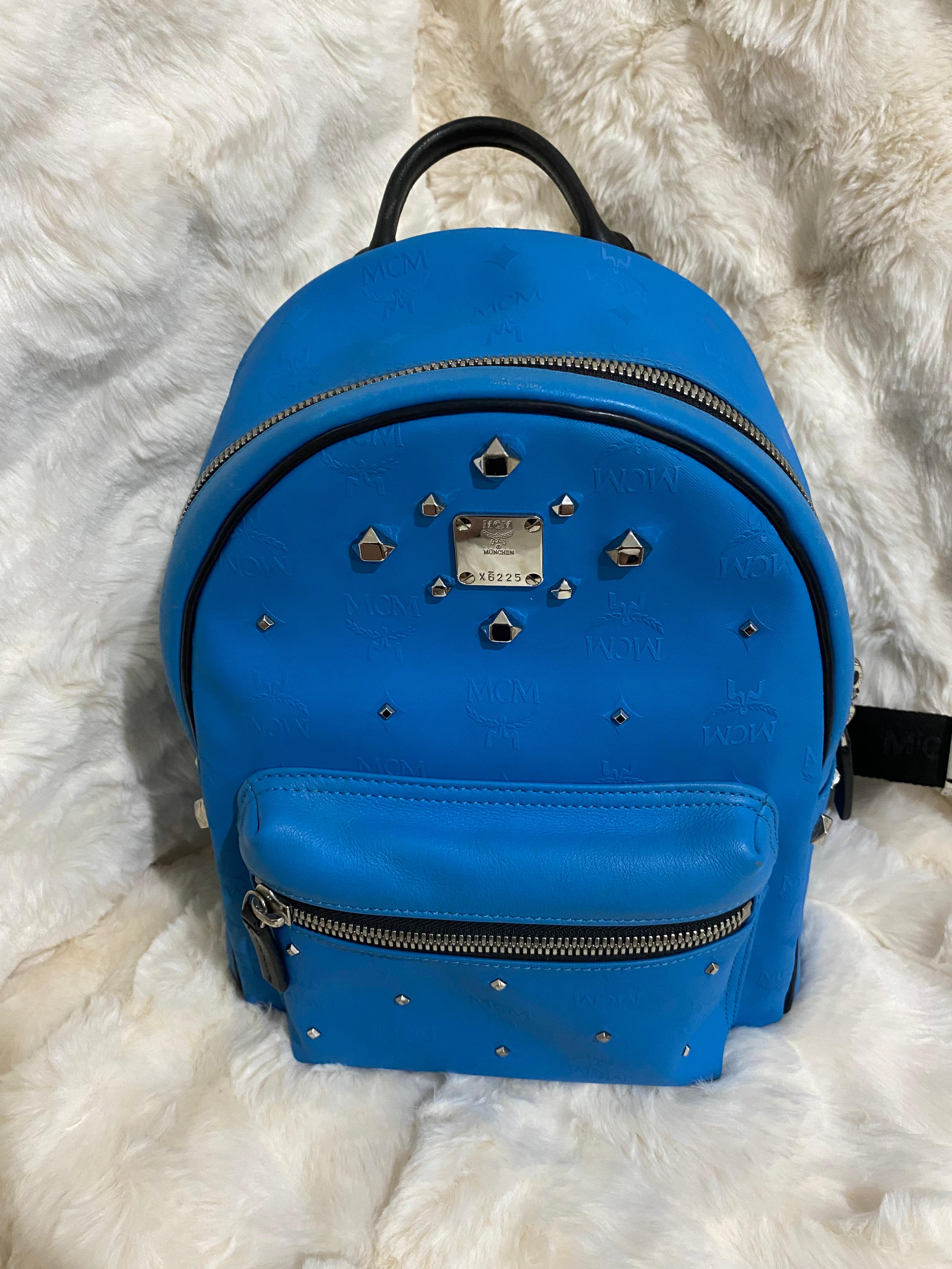 MCM Blue Monogram Studded Backpack
