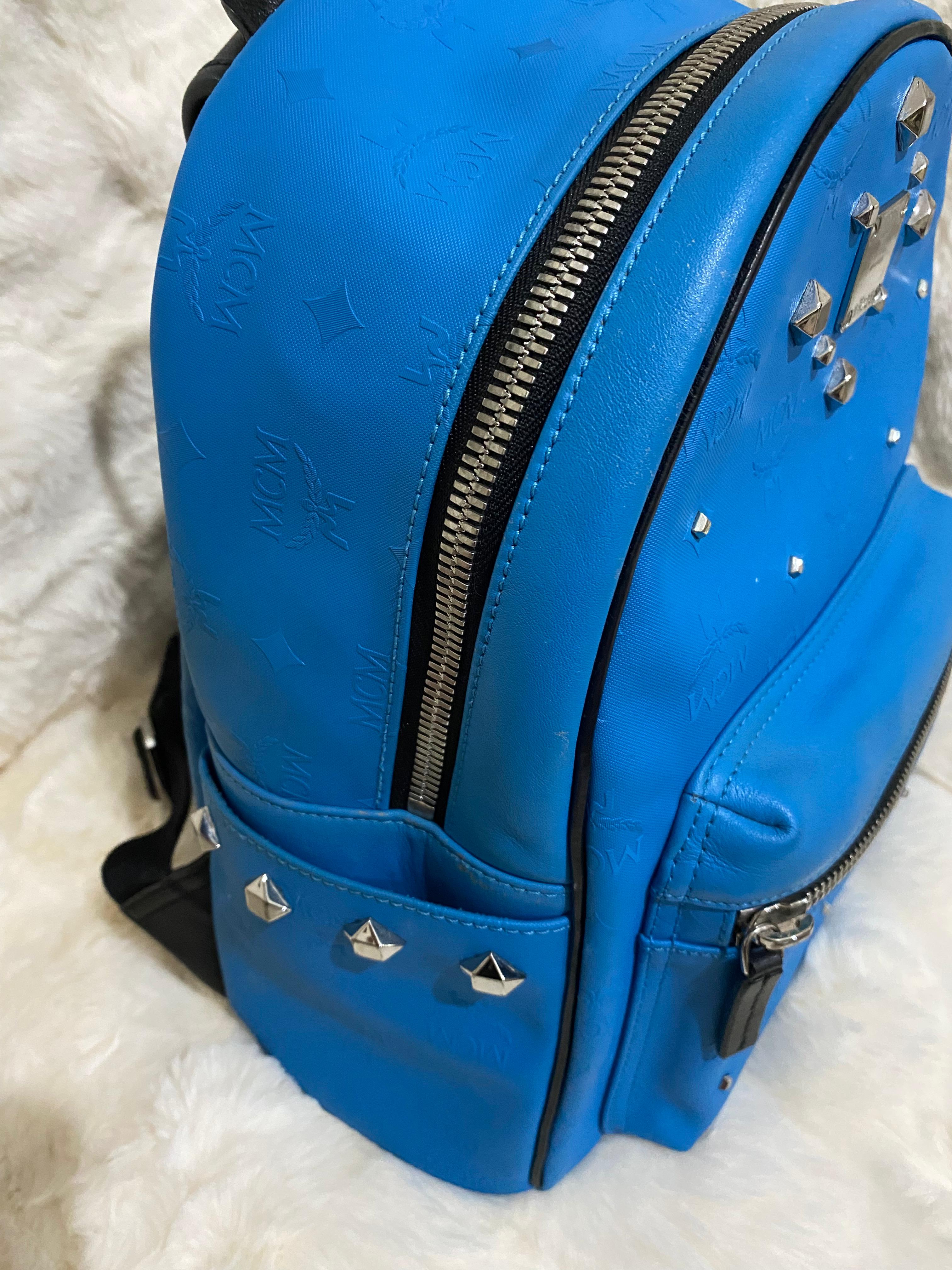 MCM Blue Monogram Studded Backpack