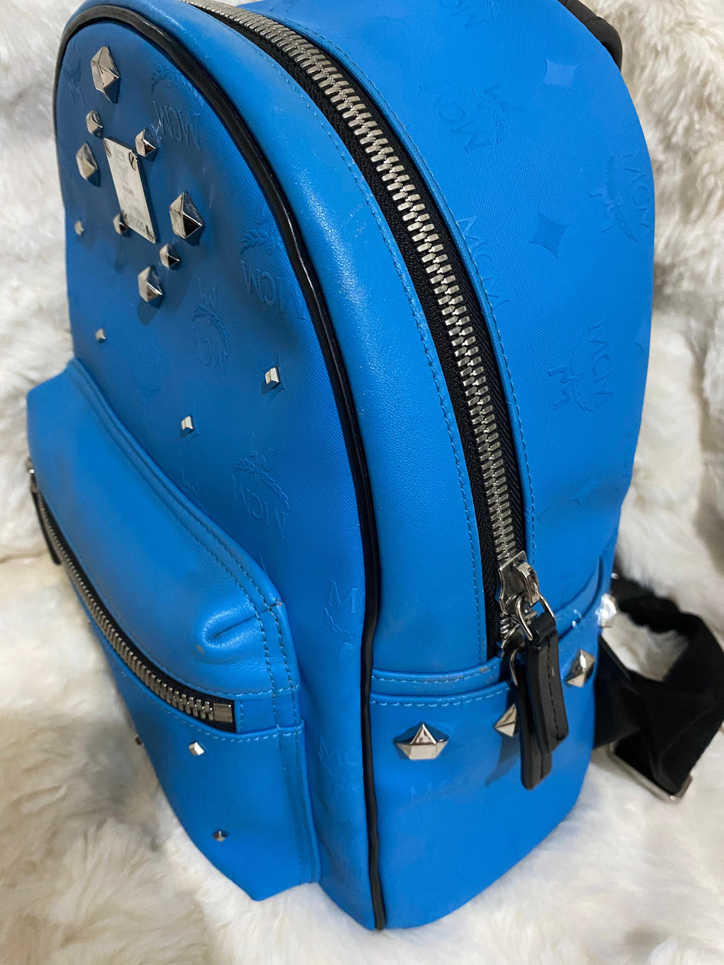 MCM Blue Monogram Studded Backpack