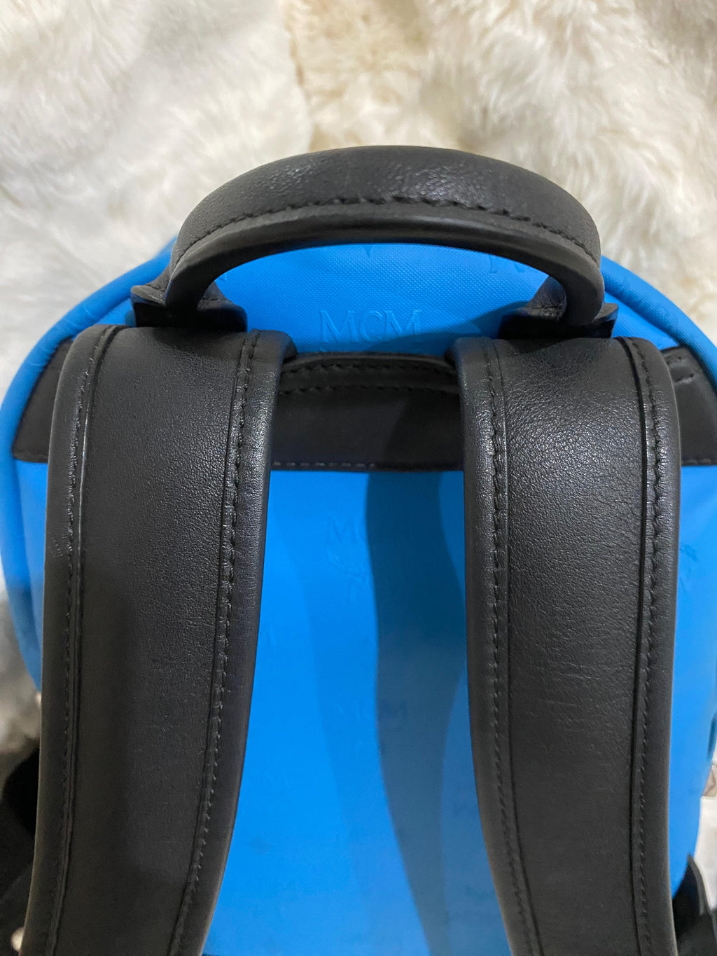 MCM Blue Monogram Studded Backpack