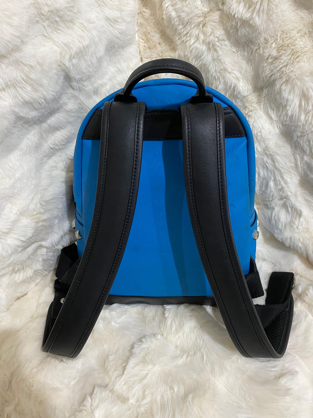 MCM Blue Monogram Studded Backpack