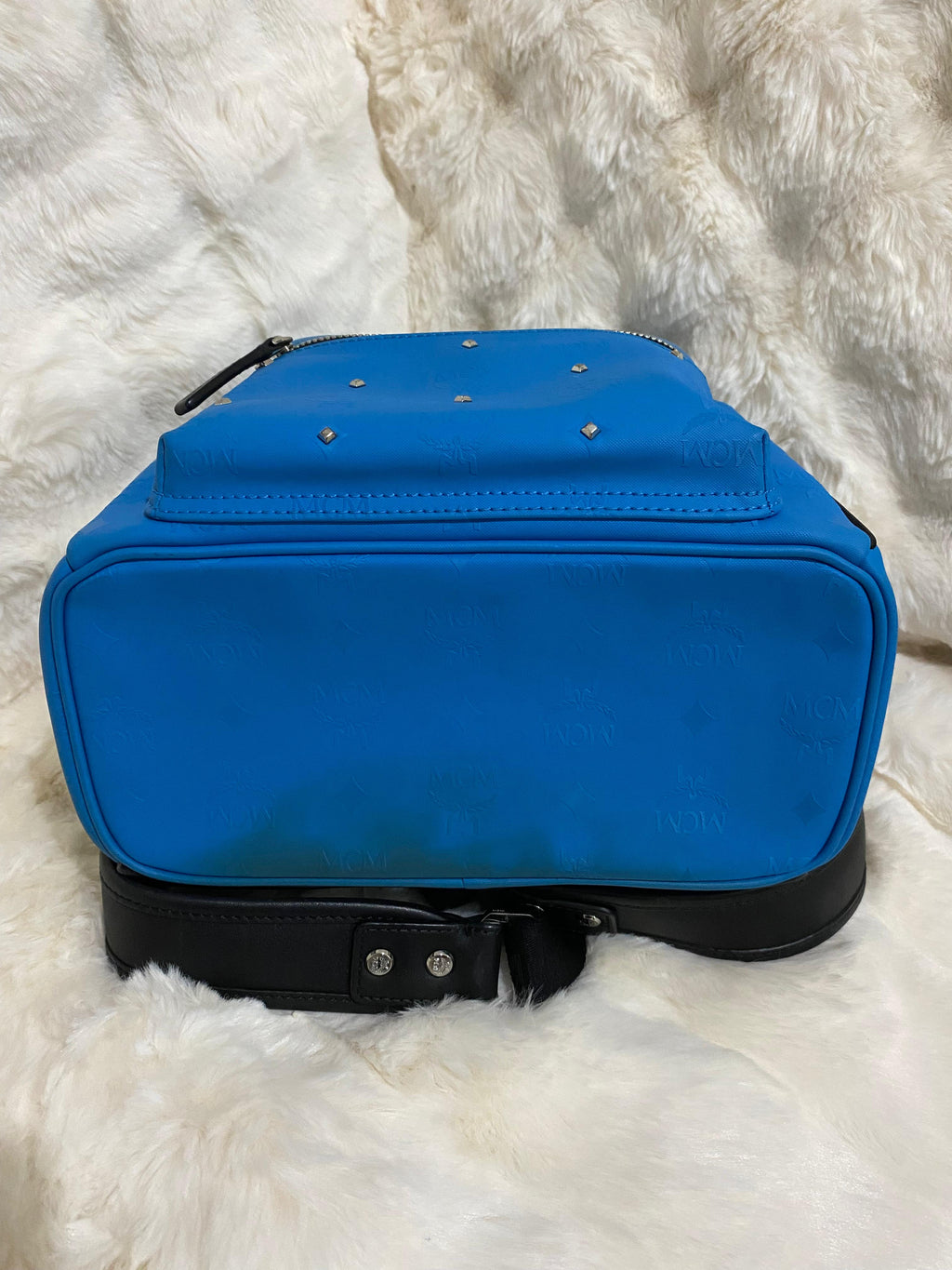 MCM Blue Monogram Studded Backpack